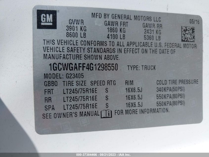 2016 CHEVROLET EXPRESS CARGO VAN - 1GCWGAFF4G1298550