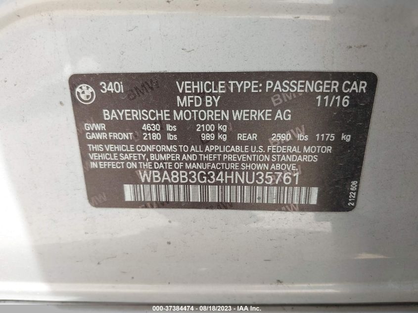 2017 BMW 3 SERIES 340I - WBA8B3G34HNU35761