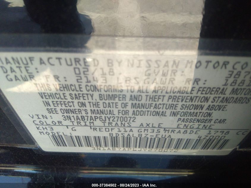 2018 NISSAN SENTRA S - 3N1AB7AP6JY270072
