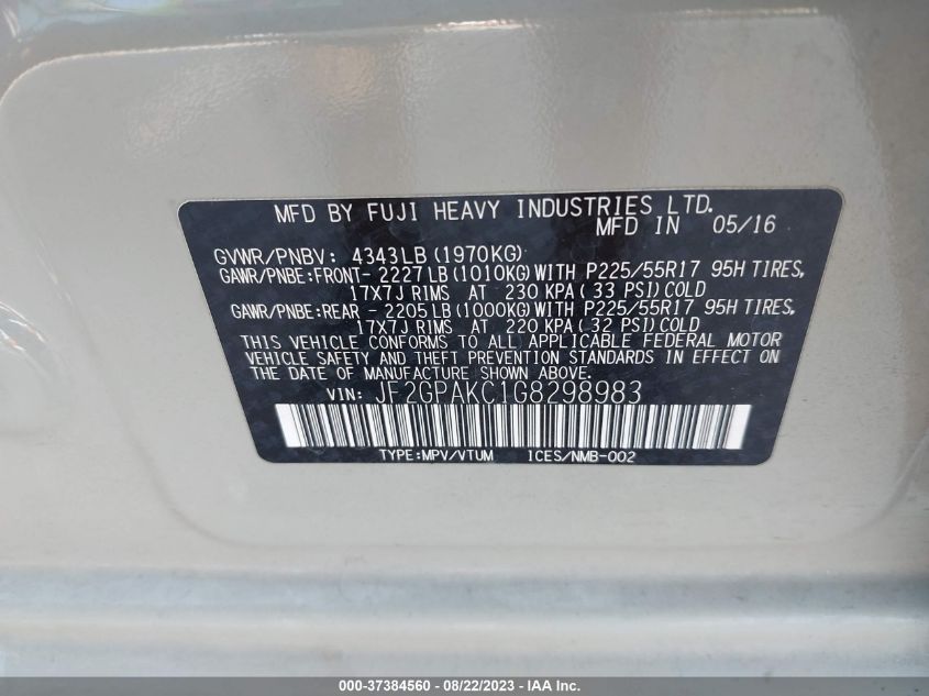 2016 SUBARU CROSSTREK LIMITED - JF2GPAKC1G8298983