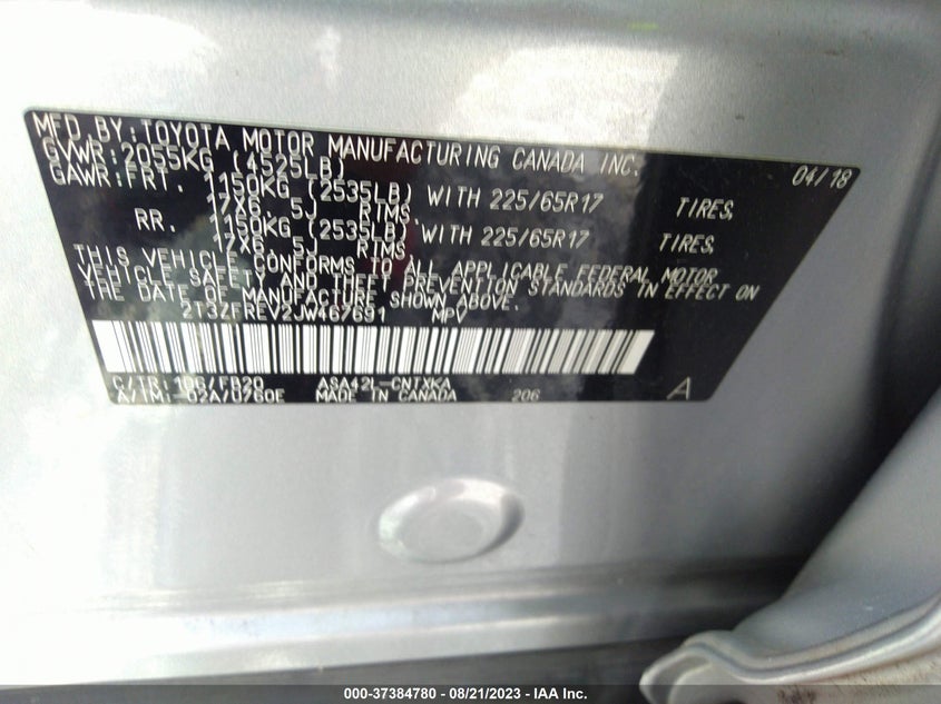 VIN 2T3ZFREV2JW467691 2018 TOYOTA RAV4 LE