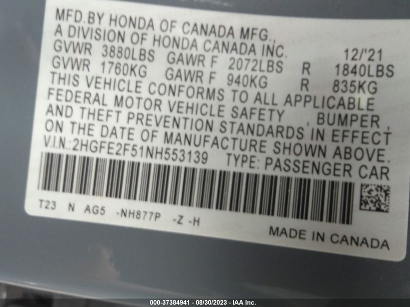 2022 HONDA CIVIC SEDAN SPORT - 2HGFE2F51NH553139