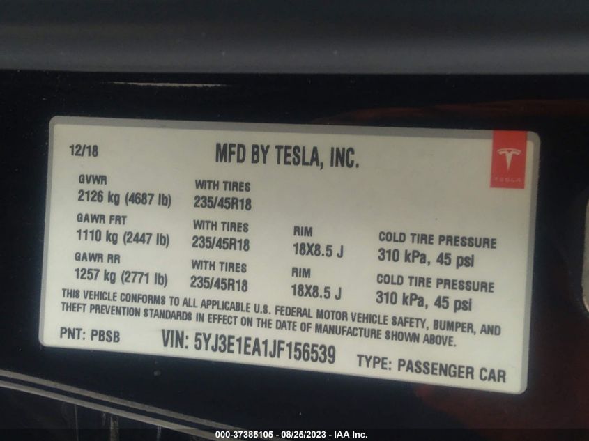 2018 TESLA MODEL 3 RANGE BATTERY - 5YJ3E1EA1JF156539