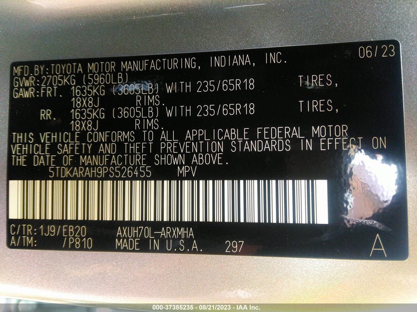 VIN 5TDKARAH9PS526455 2023 TOYOTA HIGHLANDER HYBRID