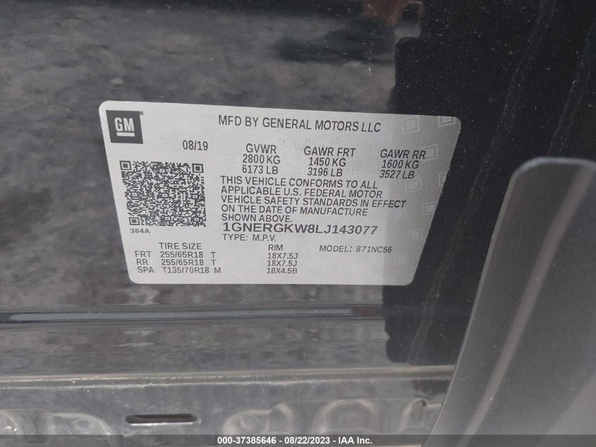 2020 CHEVROLET TRAVERSE LT CLOTH - 1GNERGKW8LJ143077