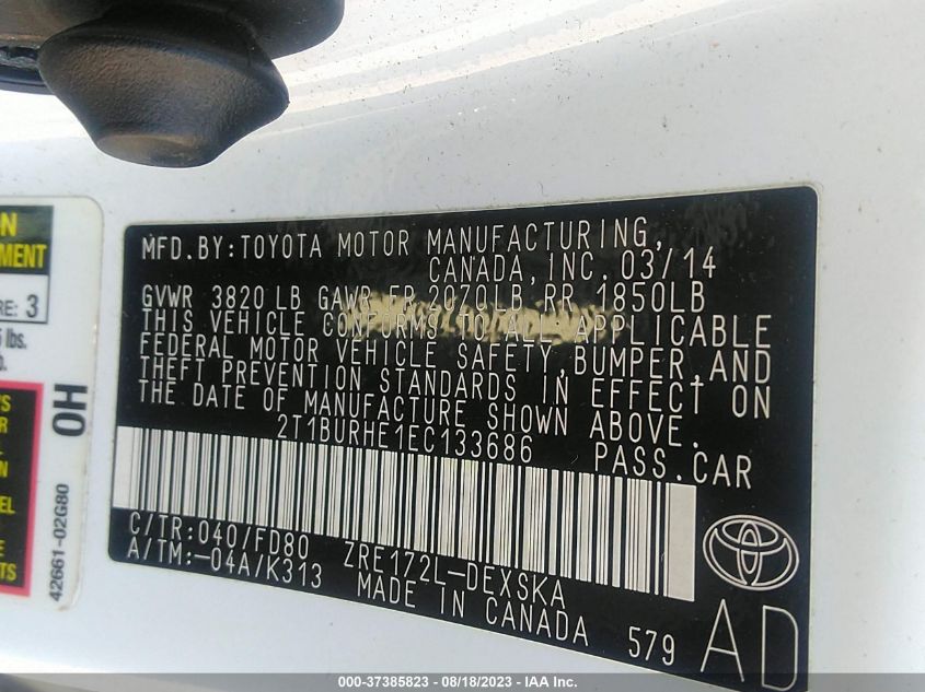 2014 TOYOTA COROLLA L/LE/S/S PLUS/LE PLUS - 2T1BURHE1EC133686