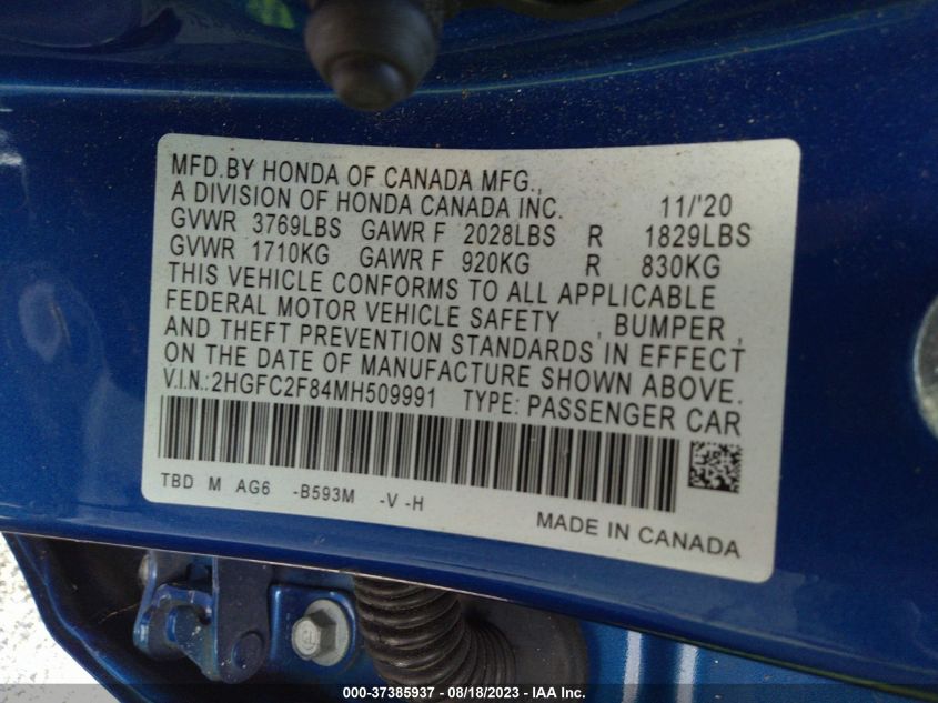 2021 HONDA CIVIC SEDAN SPORT - 2HGFC2F84MH509991