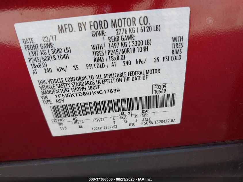 2017 FORD EXPLORER XLT - 1FM5K7D86HGC17639