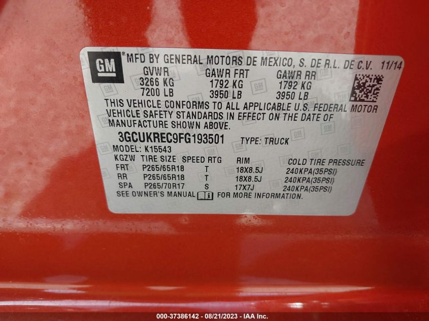 2015 CHEVROLET SILVERADO 1500 LT - 3GCUKREC9FG193501