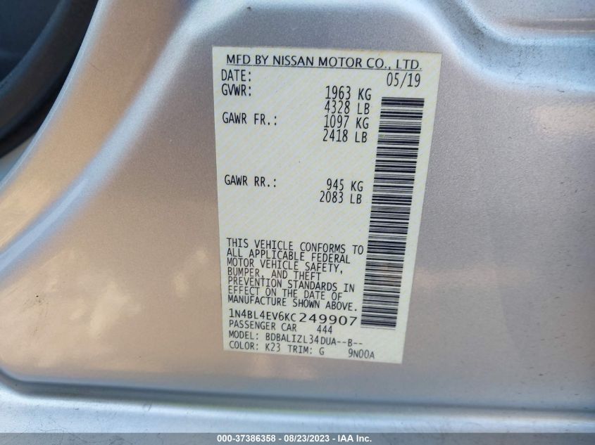 2019 NISSAN ALTIMA 2.5 SL - 1N4BL4EV6KC249907