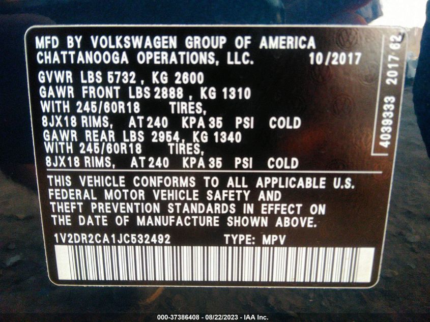 2018 VOLKSWAGEN ATLAS 3.6L V6 SE - 1V2DR2CA1JC532492