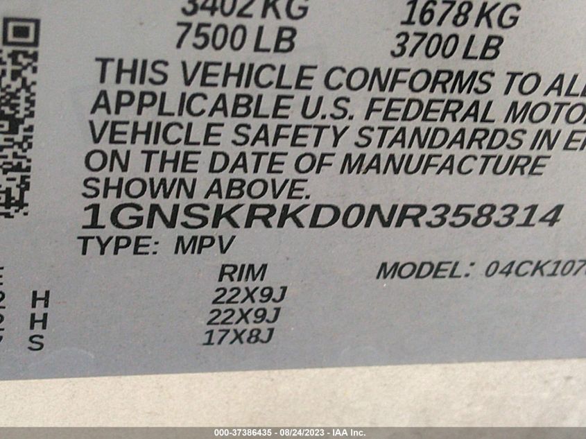2022 CHEVROLET TAHOE RST - 1GNSKRKD0NR358314