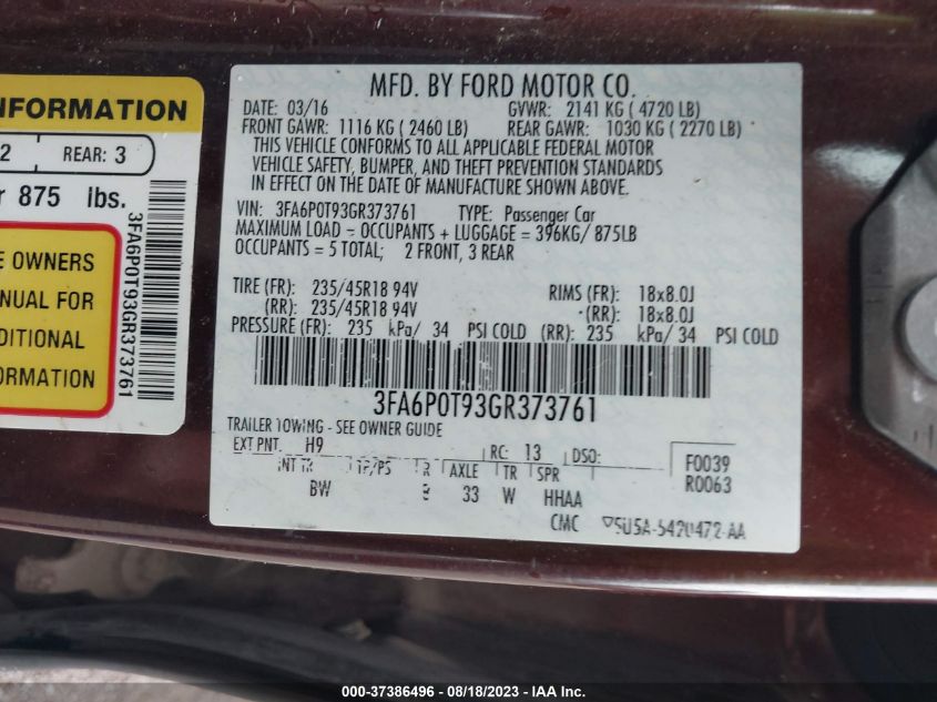 2016 FORD FUSION SE - 3FA6P0T93GR373761