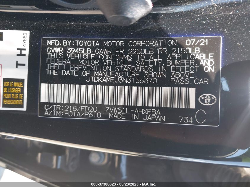 2022 TOYOTA PRIUS L - JTDKAMFU3N3156370