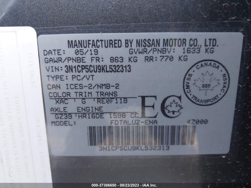 2019 NISSAN KICKS SR - 3N1CP5CU9KL532313
