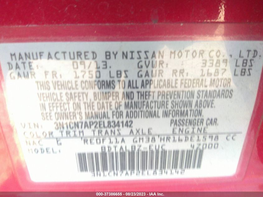 2014 NISSAN VERSA SV - 3N1CN7AP2EL834142