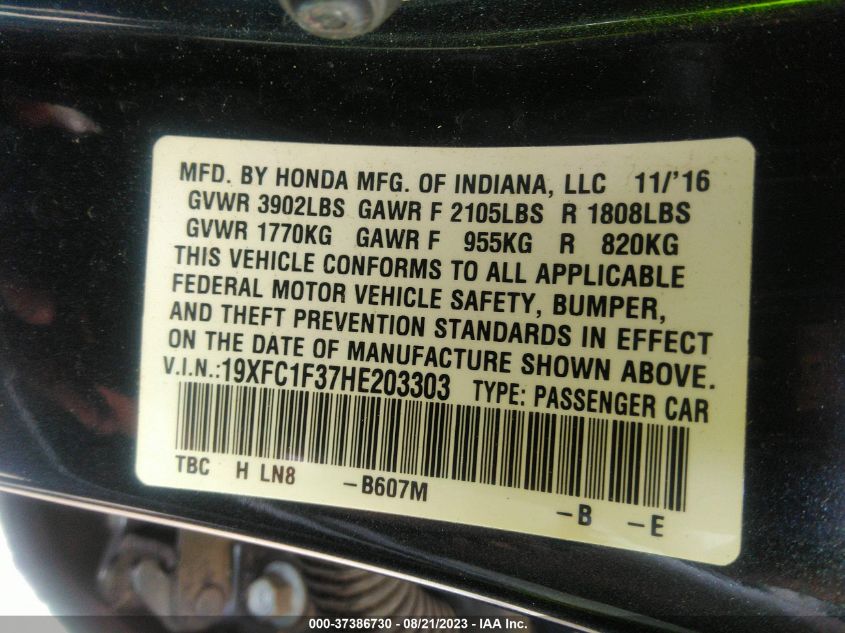 2017 HONDA CIVIC SEDAN EX-T - 19XFC1F37HE203303