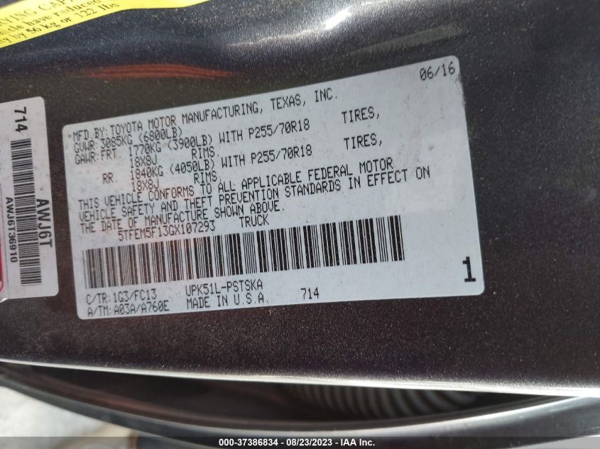 2016 TOYOTA TUNDRA 2WD TRUCK SR5 5TFEM5F13GX107293