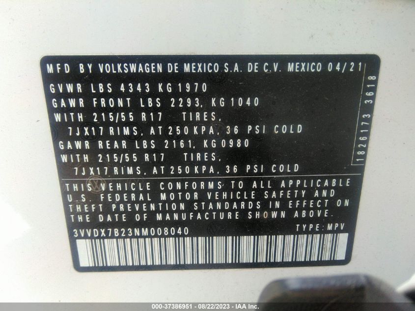 2022 VOLKSWAGEN TAOS S - 3VVDX7B23NM008040