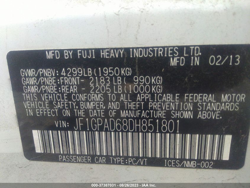2013 SUBARU IMPREZA WAGON 2.0I PREMIUM - JF1GPAD68DH851801