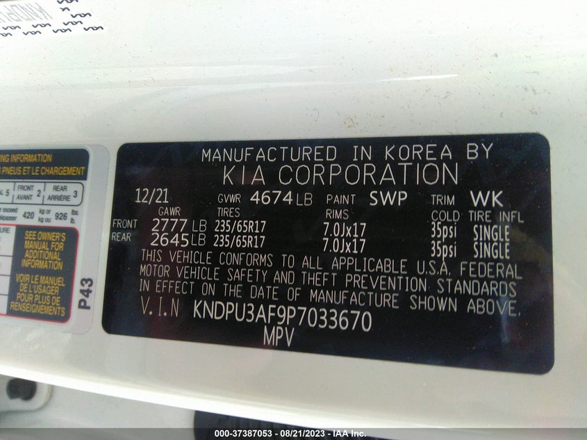 VIN: KNDPU3AF9P7033670 2023 KIA SPORTAGE LX