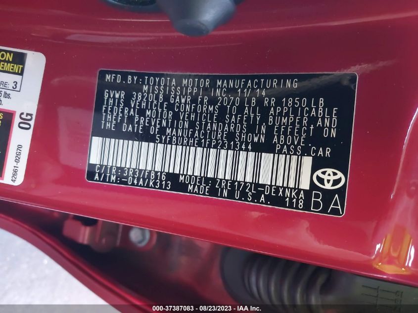 2015 TOYOTA COROLLA L/LE/S/S PLUS/LE PLUS - 5YFBURHE1FP231344