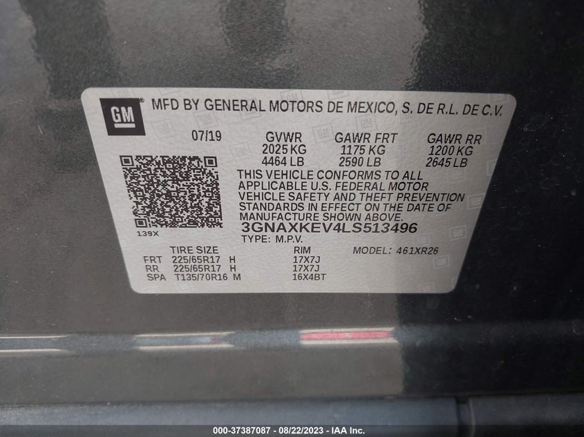 VIN 3GNAXKEV4LS513496 2020 CHEVROLET EQUINOX LT