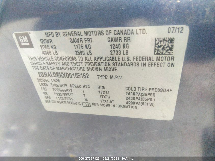 2013 CHEVROLET EQUINOX LT - 2GNALDEKXD6105162