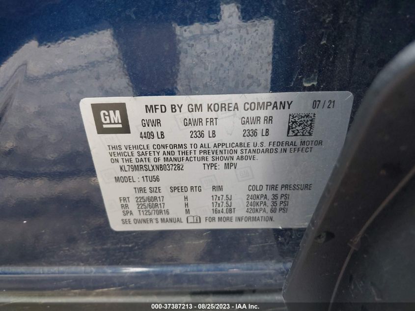 VIN KL79MRSLXNB037282 2022 CHEVROLET TRAILBLAZER LT