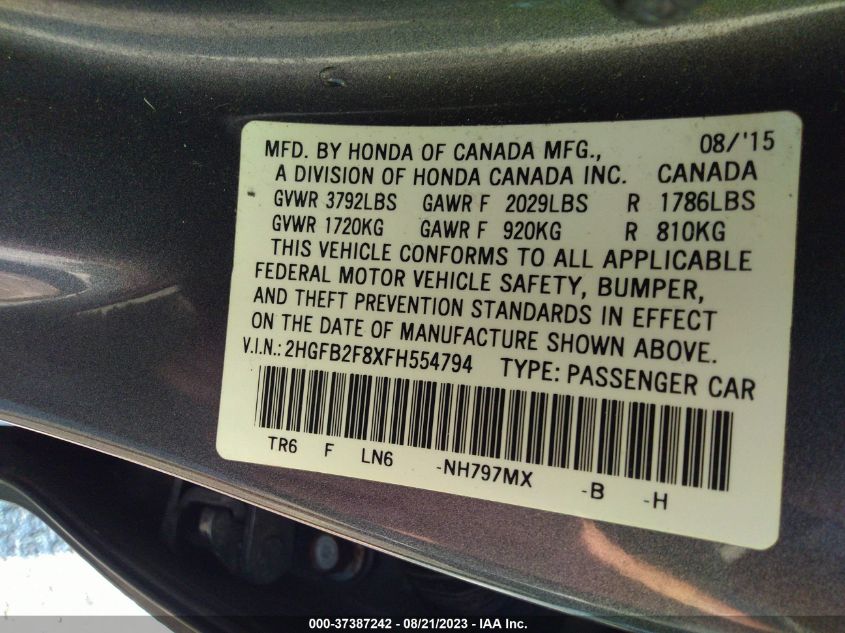 2015 HONDA CIVIC SEDAN EX - 2HGFB2F8XFH554794