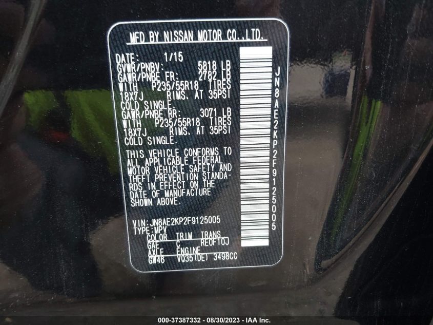 2015 NISSAN QUEST SL - JN8AE2KP2F9125005