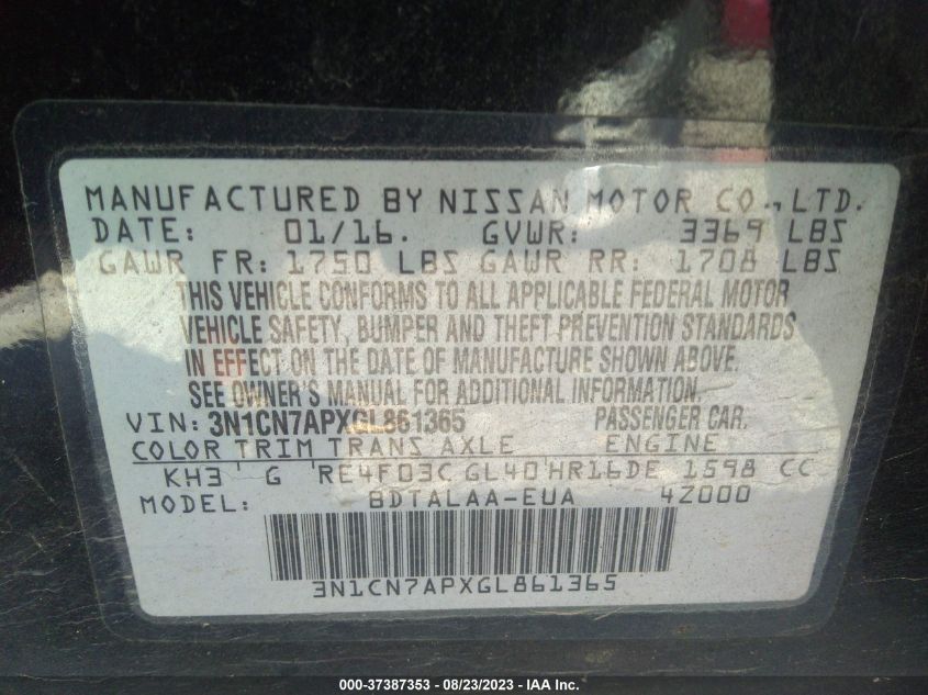 2016 NISSAN VERSA S - 3N1CN7APXGL861365