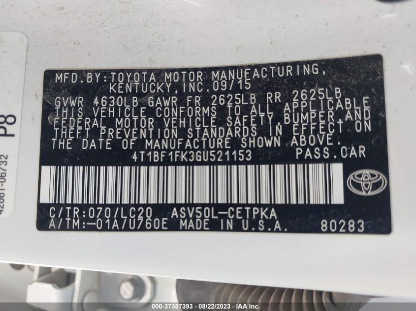 2016 TOYOTA CAMRY XLE/SE/LE/XSE - 4T1BF1FK3GU521153