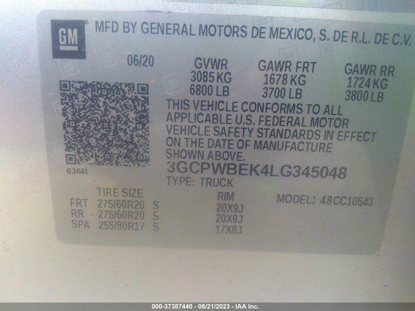 VIN 3GCPWBEK4LG345048 2020 CHEVROLET SILVERADO 1500 CUSTOM