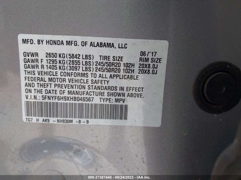 2017 HONDA PILOT TOURING - 5FNYF6H9XHB046567