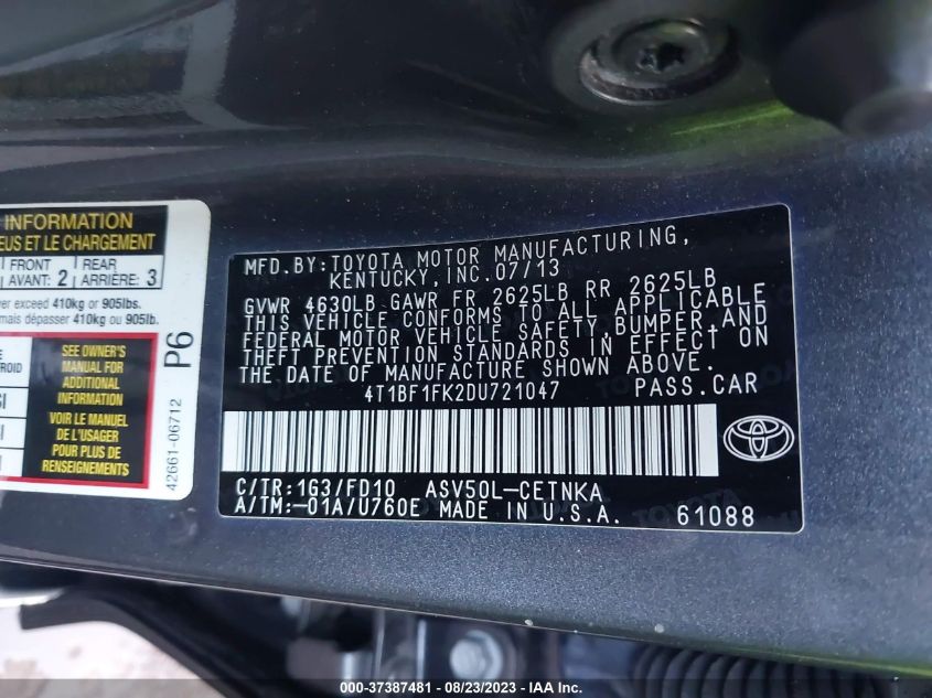 2013 TOYOTA CAMRY L/LE/SE/XLE - 4T1BF1FK2DU721047