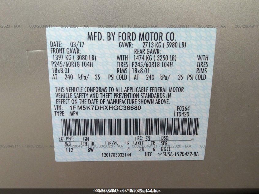 2017 FORD EXPLORER XLT 1FM5K7DHXHGC36680