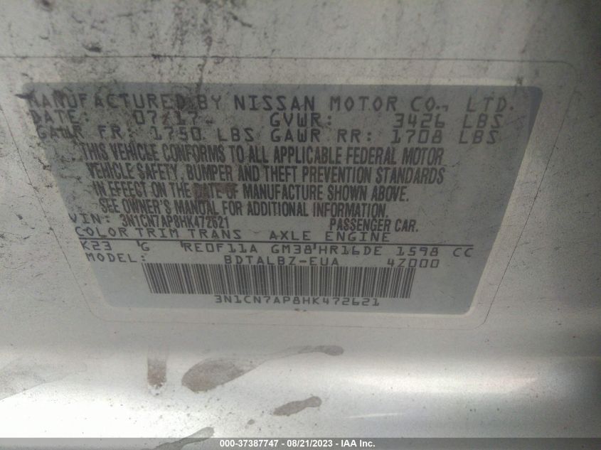2017 NISSAN VERSA SEDAN SV - 3N1CN7AP8HK472621