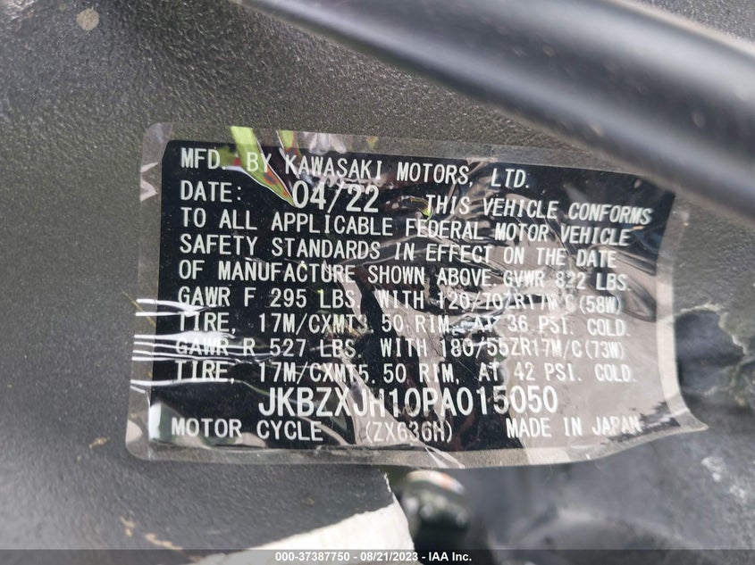 VIN JKBZXJH10PA015050 2023 KAWASAKI ZX636 K