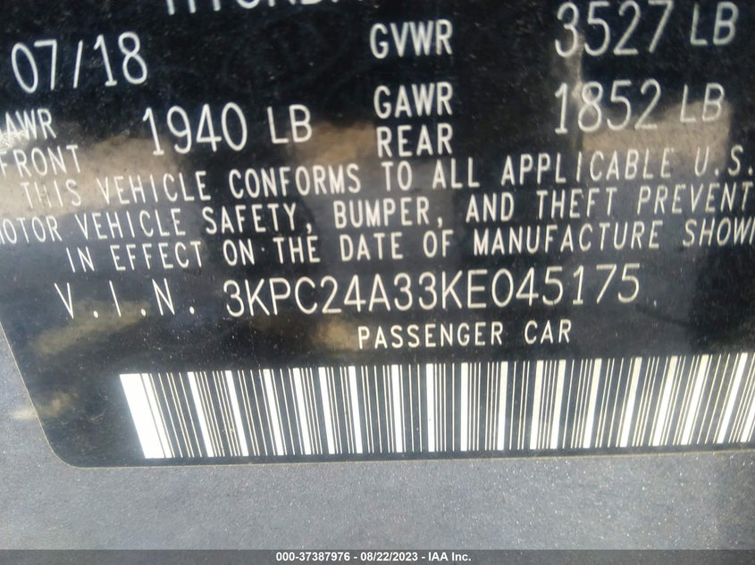 VIN 3KPC24A33KE045175 2019 HYUNDAI ACCENT SE