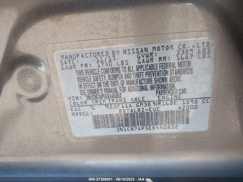 2014 NISSAN VERSA SV - 3N1CN7AP5EK440852