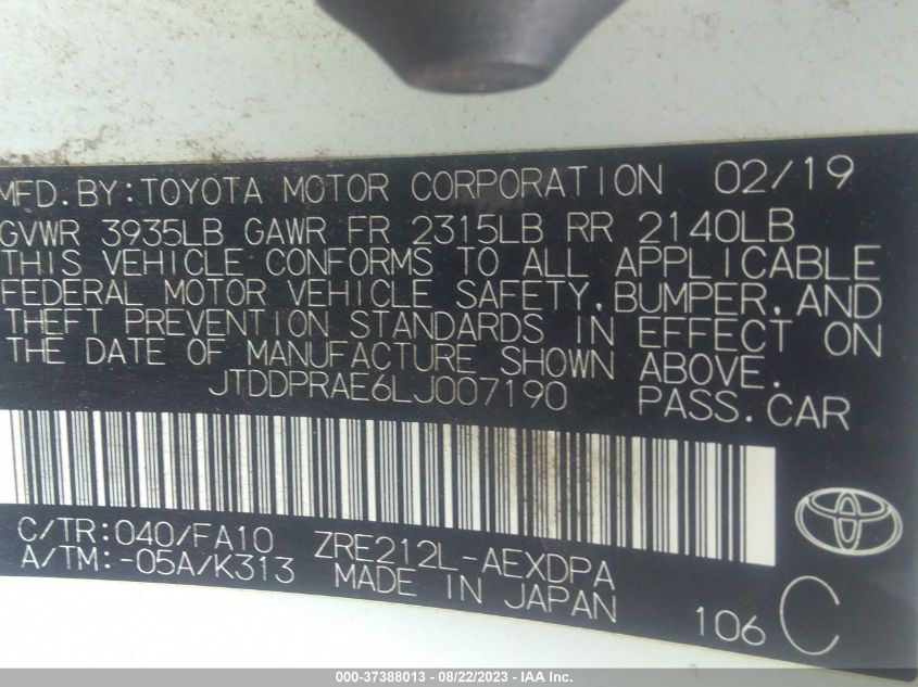 2020 TOYOTA COROLLA L - JTDDPRAE6LJ007190