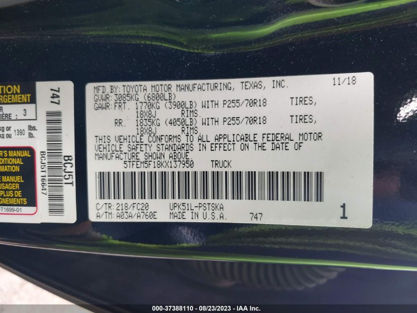 2019 TOYOTA TUNDRA 2WD SR5 - 5TFEM5F18KX137950