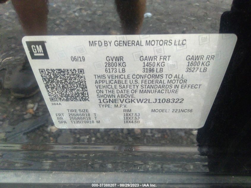 1GNEVGKW2LJ108322 Chevrolet Traverse LT CLOTH 9