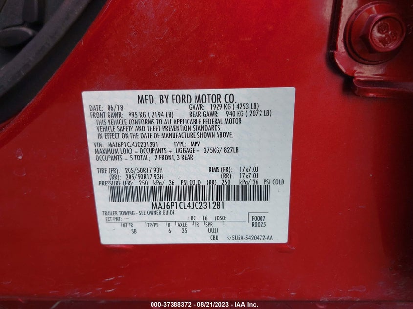 VIN MAJ6P1CL4JC231281 2018 FORD ECOSPORT SES