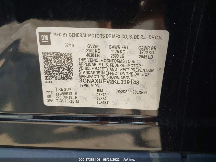 2019 CHEVROLET EQUINOX LT - 3GNAXUEV2KL319148