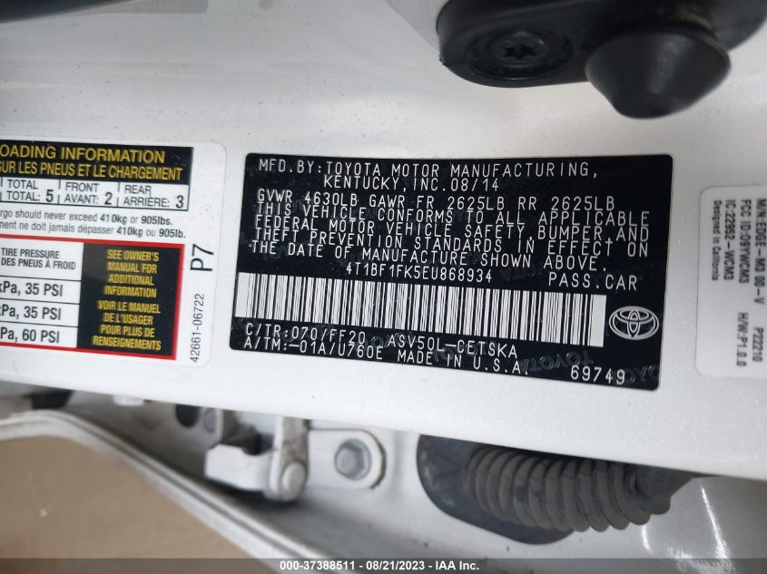 2014 TOYOTA CAMRY L/LE/XLE/SE/SE SPORT - 4T1BF1FK5EU868934