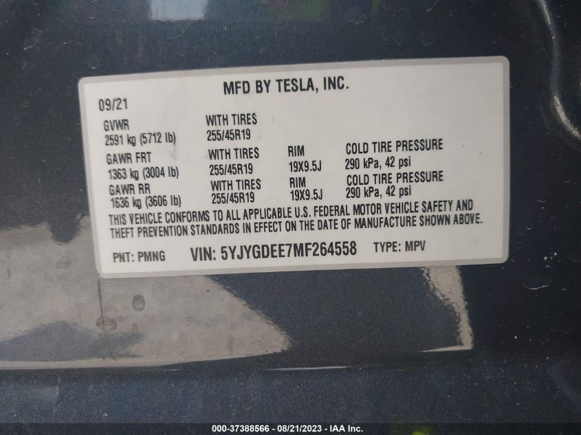 2021 TESLA MODEL Y LONG RANGE - 5YJYGDEE7MF264558