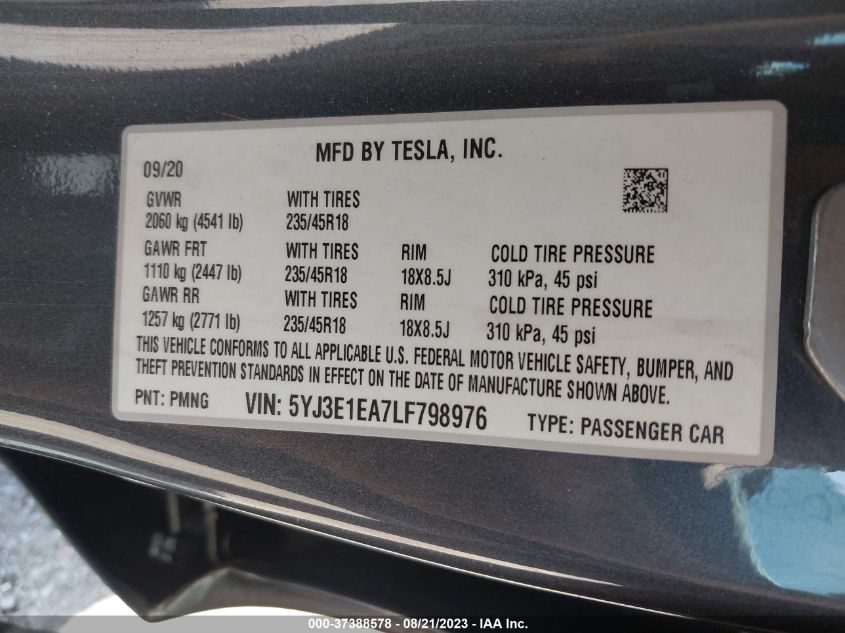 2020 TESLA MODEL 3 STANDARD RANGE - 5YJ3E1EA7LF798976