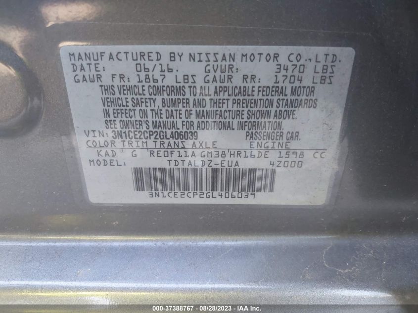 2016 NISSAN VERSA NOTE S/S PLUS/SV/SL/SR - 3N1CE2CP2GL406039